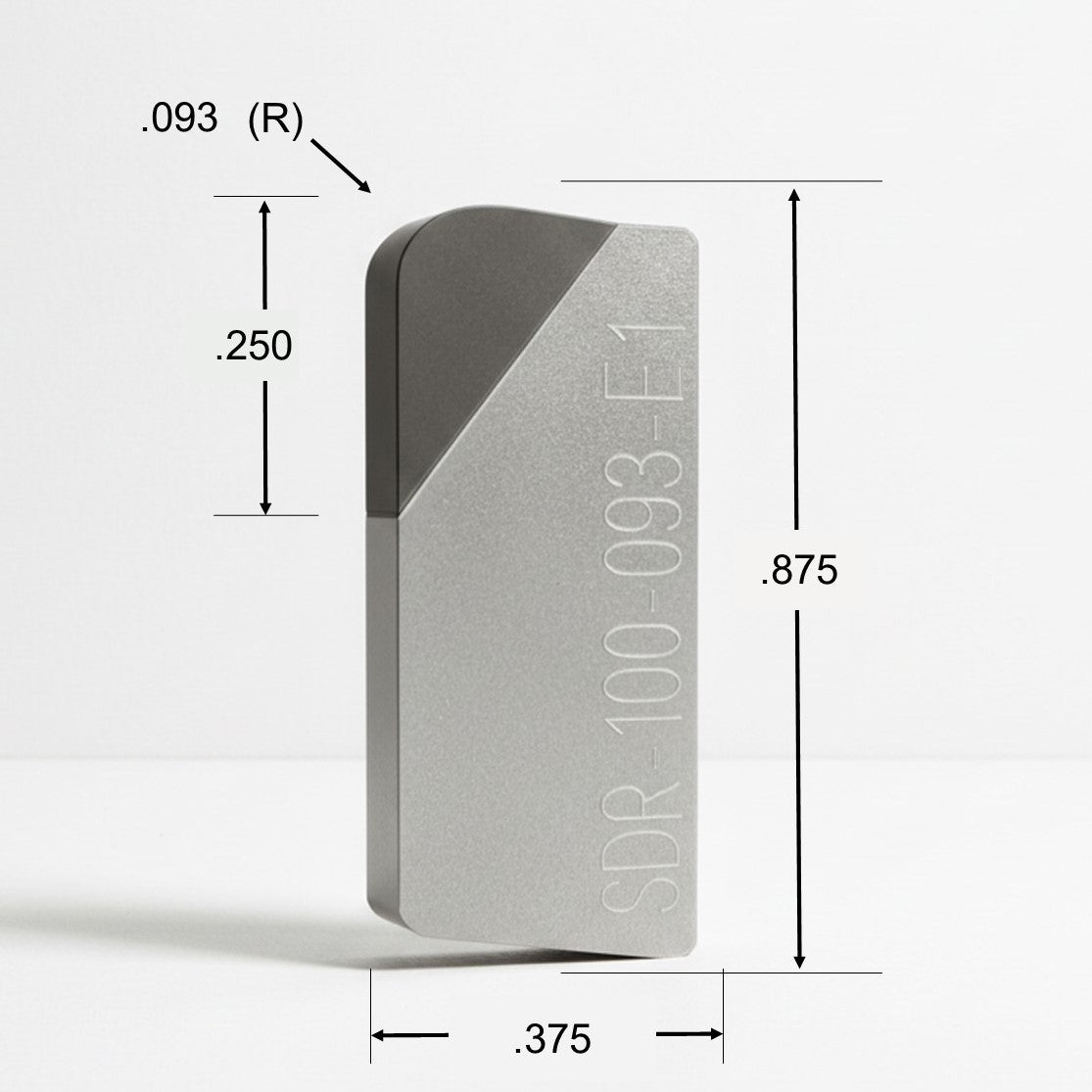 Picture of an SDR-100-093 polycrystalline diamond (PCD) tipped super -feed face mill insert with dimensions
